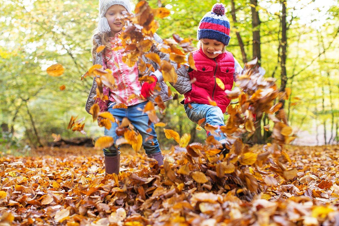 Children playing in Autumn leaves