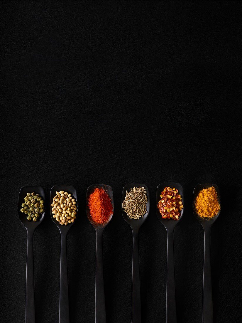 Dried spices on spoons