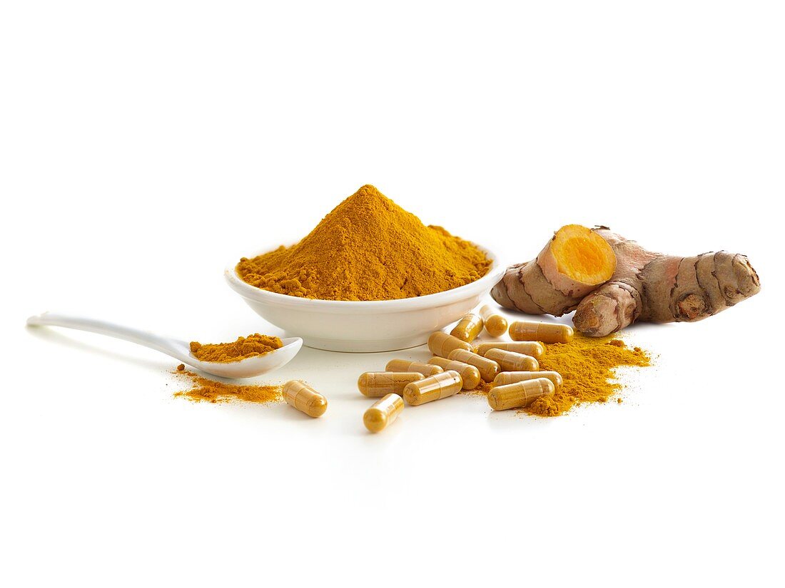Turmeric root, capsules and dried powder