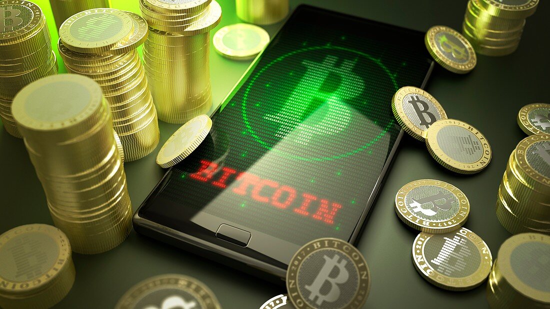 Artwork of Bitcoins and Phone