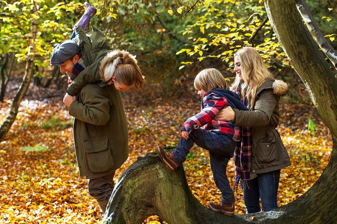 Family playing on tree in woods