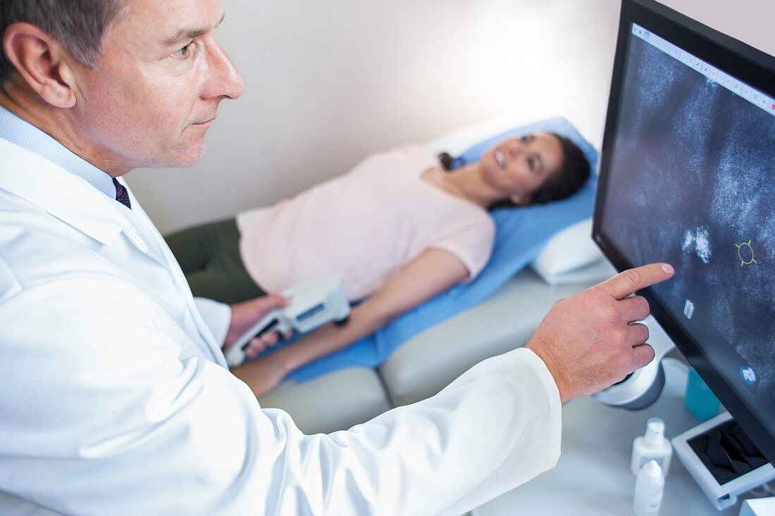 Doctor pointing at computer screen, patient on bed