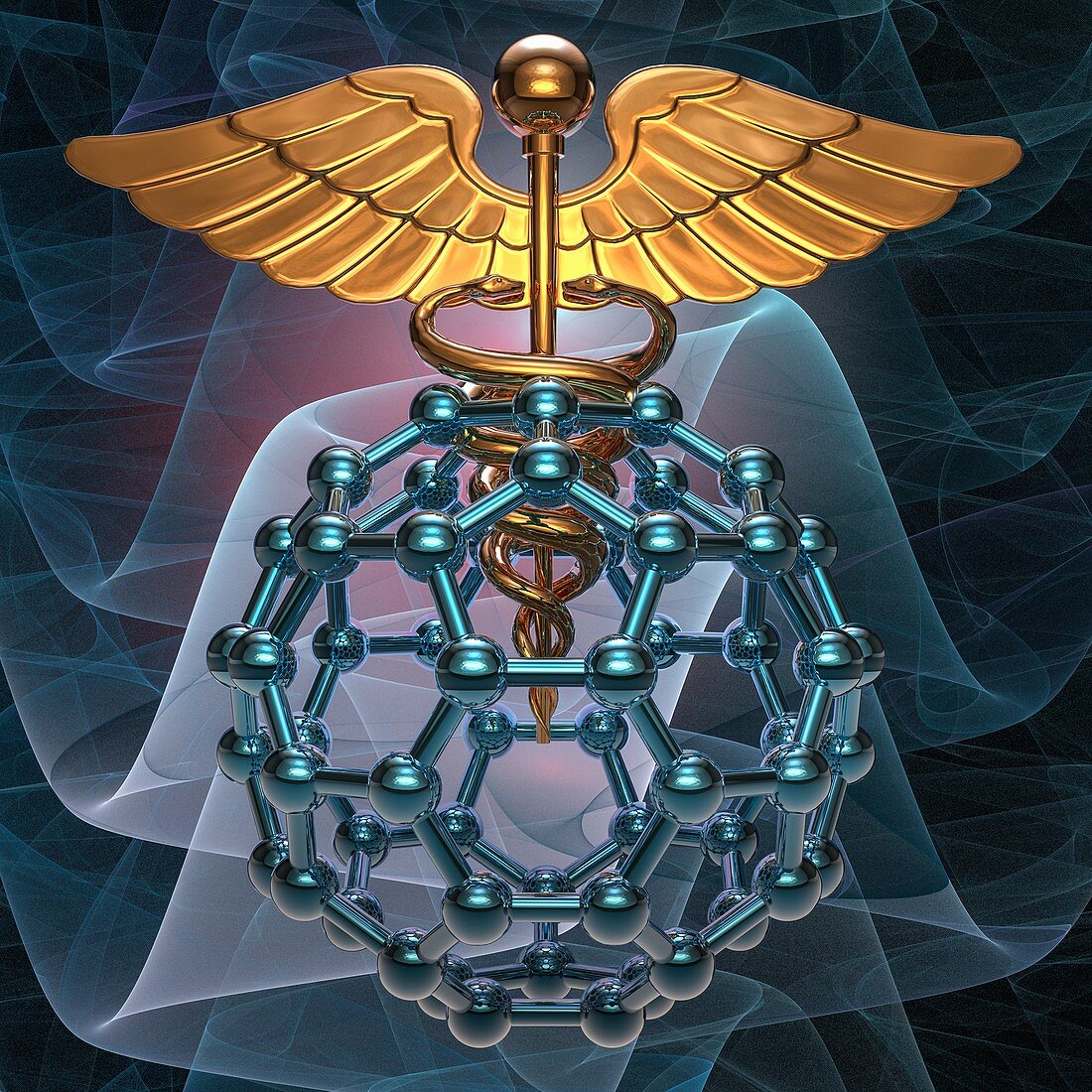 Medical symbol and buckyball, illustration
