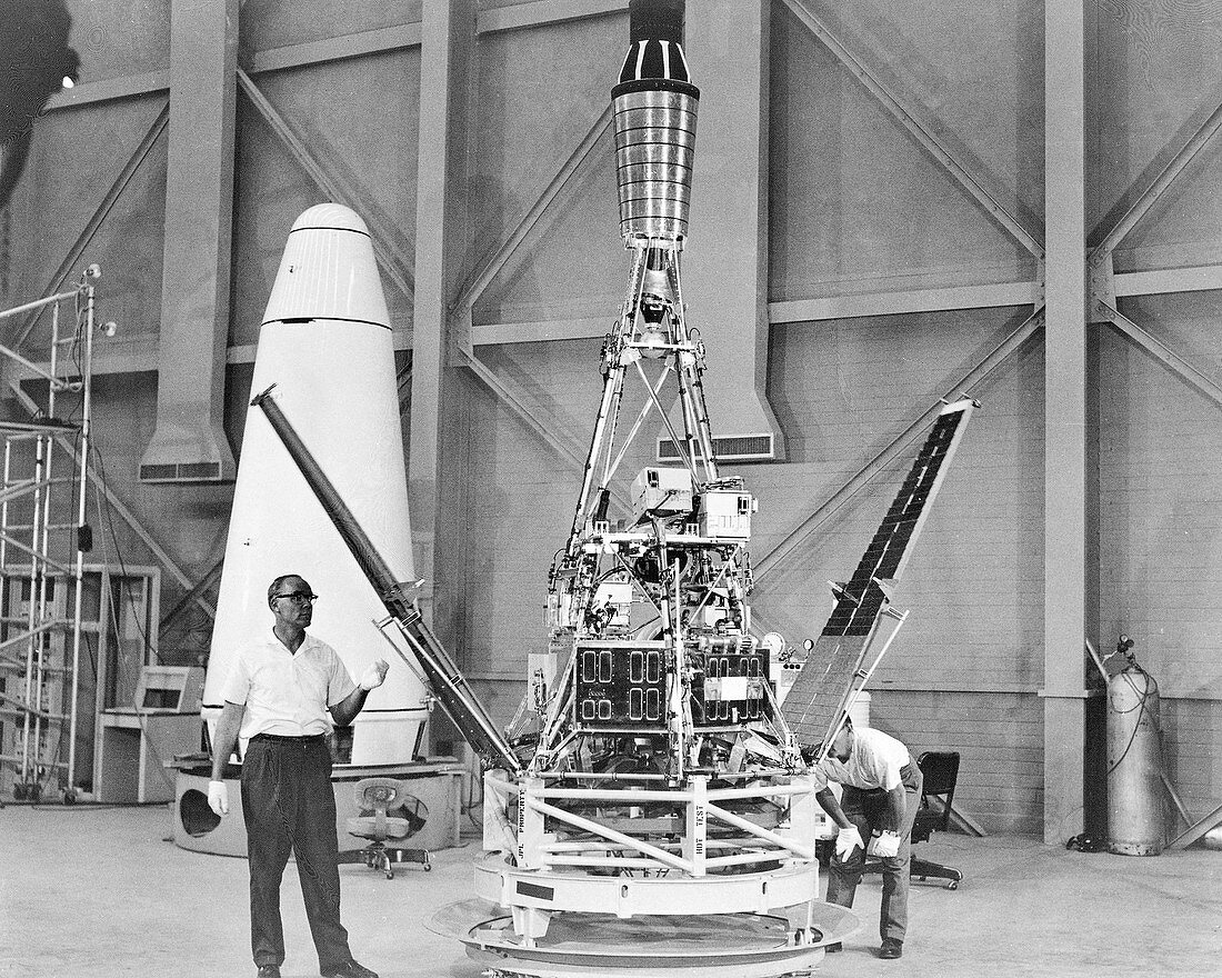 Ranger 1 spacecraft model display preparations, 1964