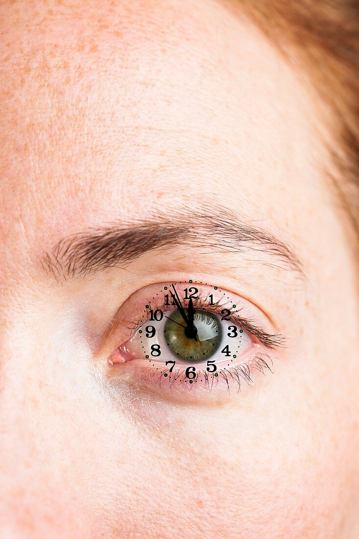 Composite close-up of female eye with clock
