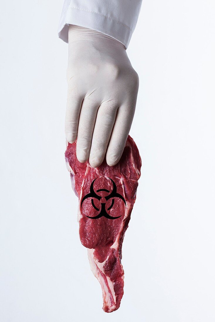 Person holding raw meat with biohazard symbol