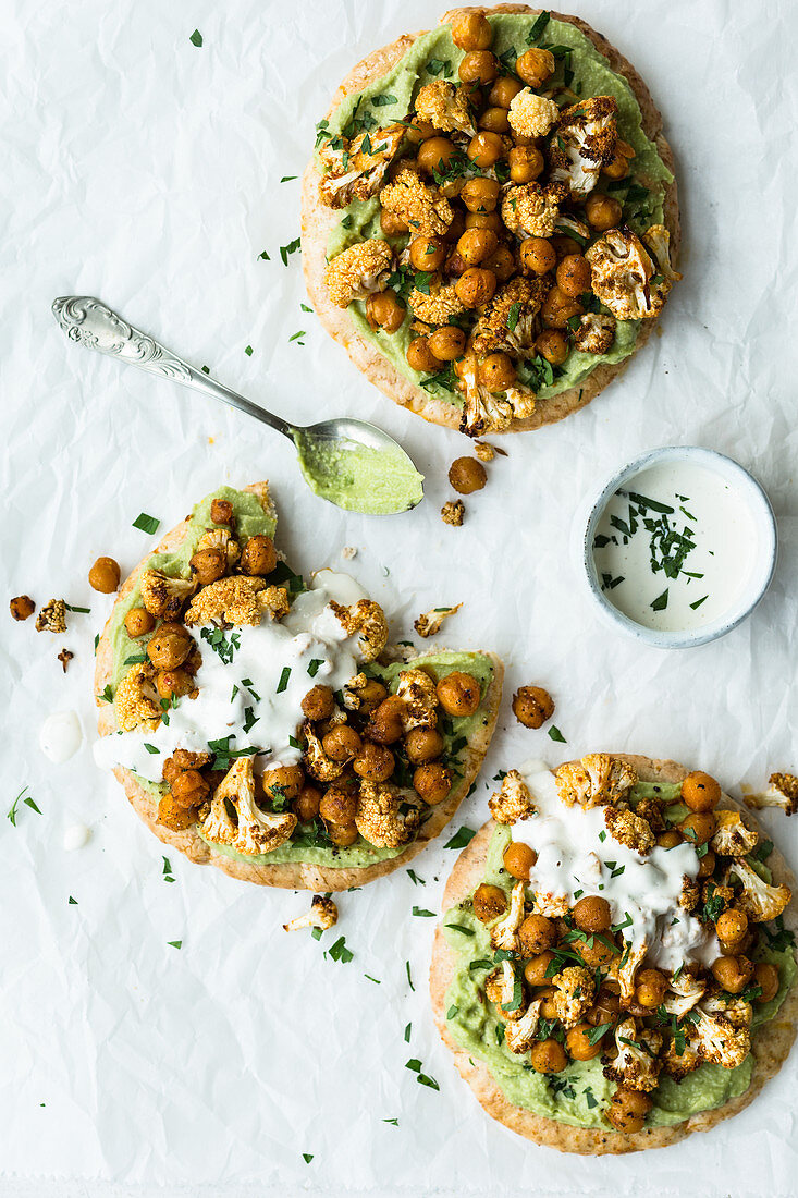 Vegan roast chickpeas on unleavened bread