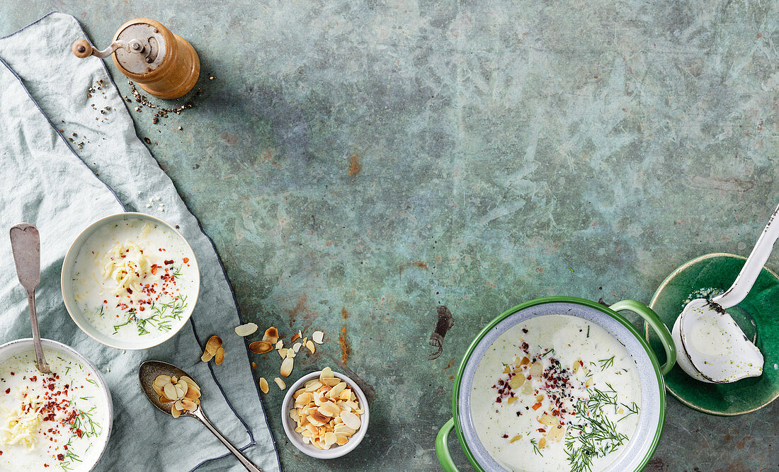 Low-carb yoghurt and leek soup with Cheddar cheese