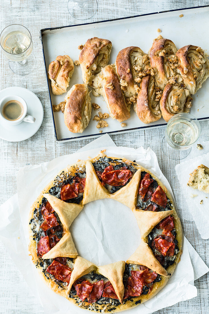 A manchego and chorizo wreath, and cinnamon and apple bread