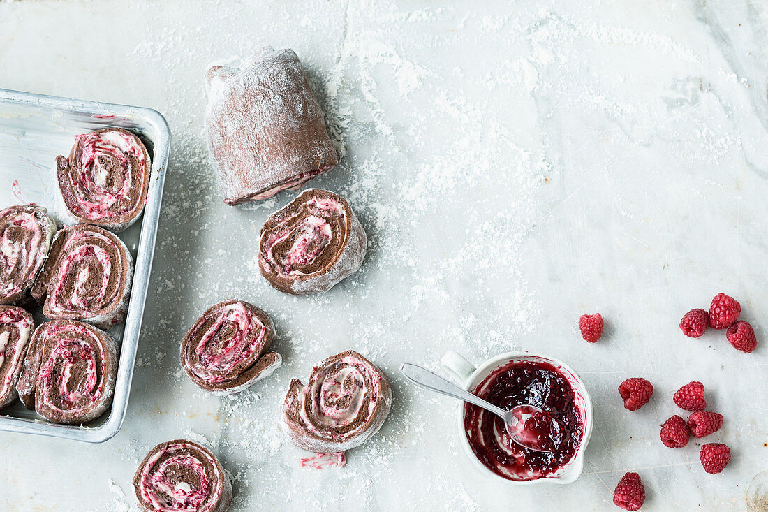 Unbaked chocolate and raspberry buns