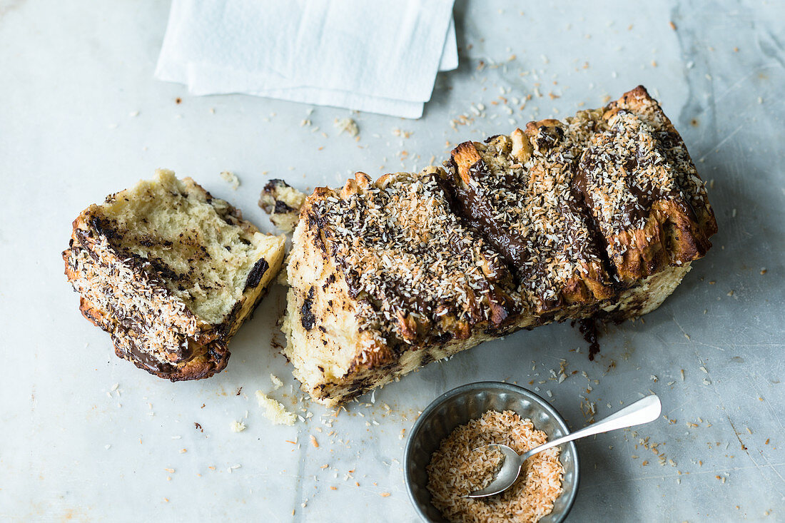Banana and chocolate pull-apart bread with grated coconut