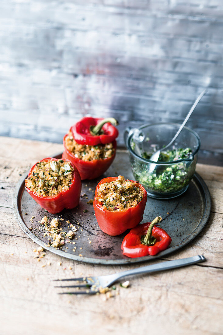 Peppers with feta cheese couscous and cucumber salsa