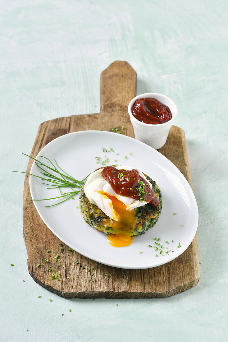 Potato and kale patties with a poached egg and barbecue sauce