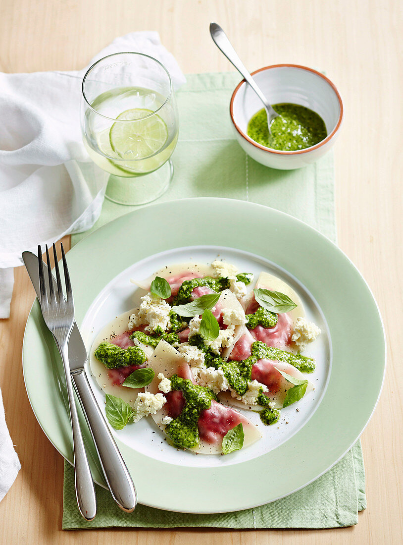 Beetroot Agnolotti with Spinach Pesto