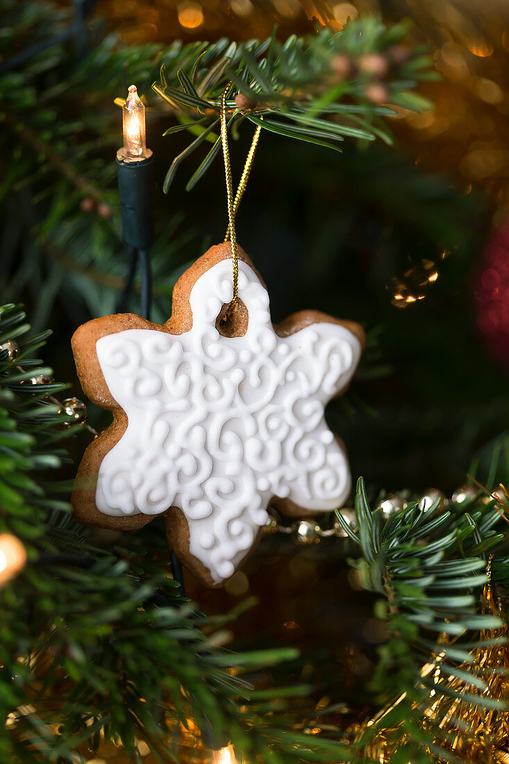 Gingerbread snowflake cookie hanging on a christmas tree