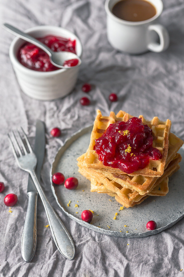 Waffles with cranberry sauce