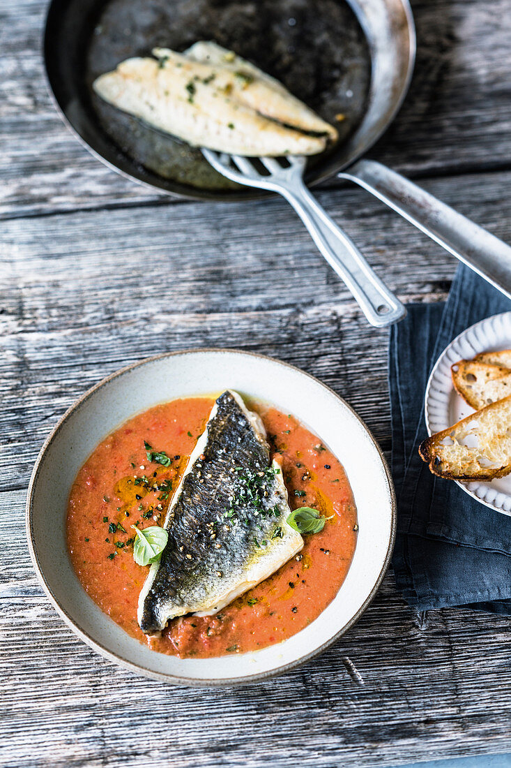 Gazpacho with stuffed seabream fillet