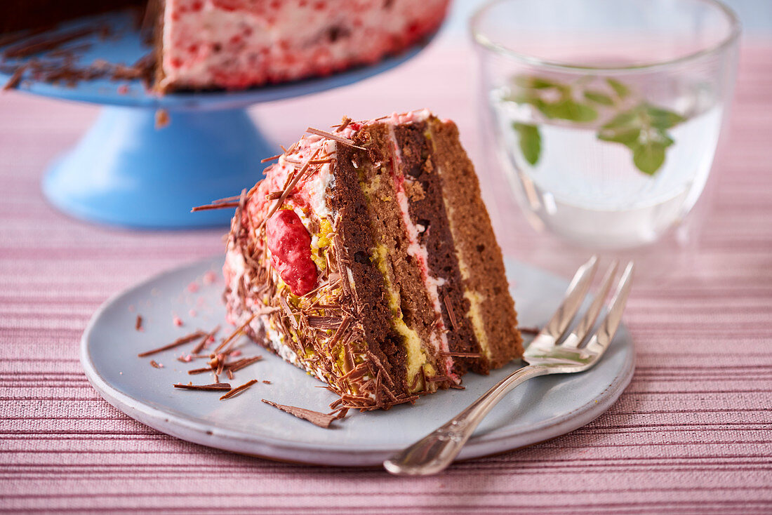 A slice of layer cake with chocolate chips and praline roses