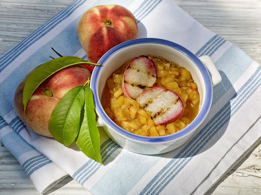 Peach cutney with grilled peaches on fresh goat's quark