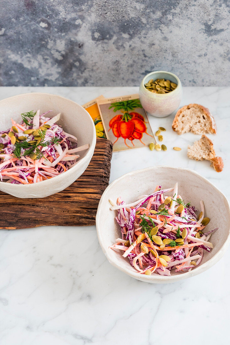 Kohlrabi, red cabbage and carrot slaw