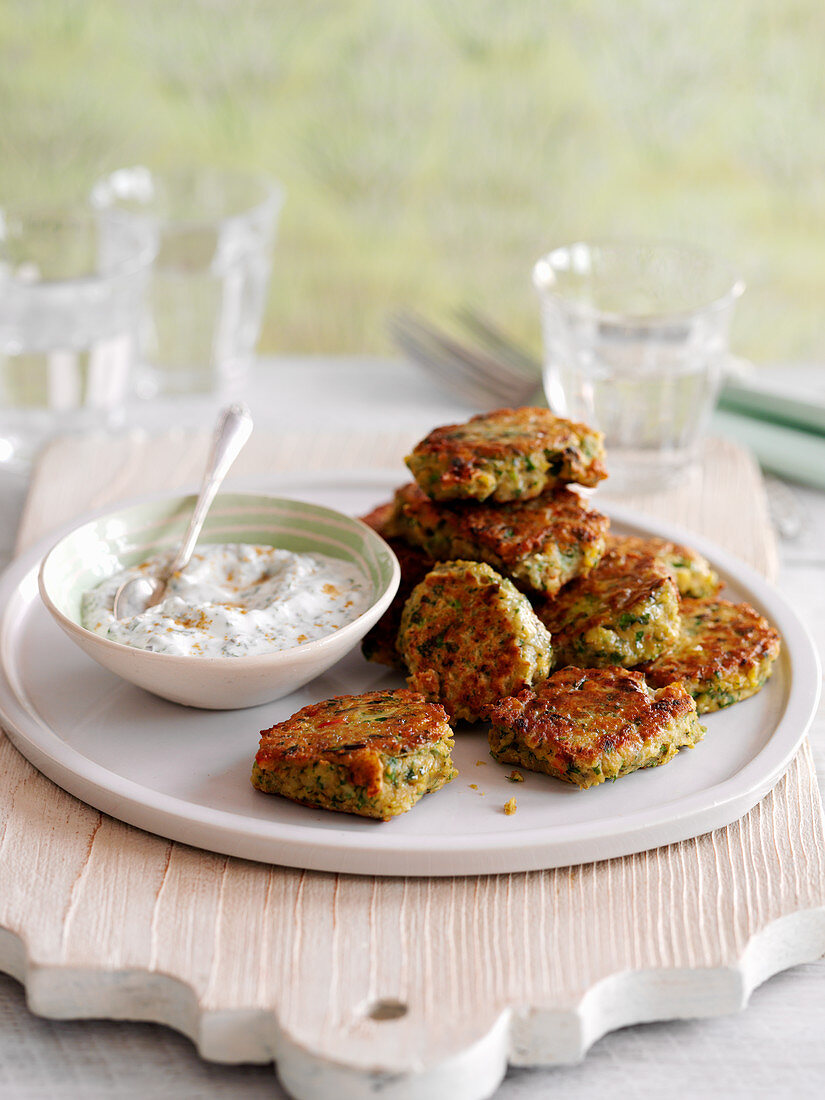 Coriander and chickpea fritters with a yoghurt dip