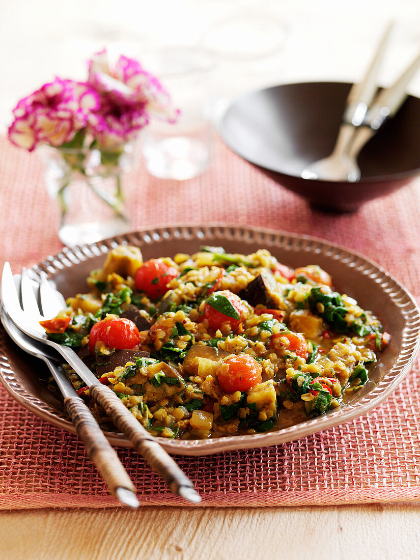 Curried Lentils with Spinach Aubergine Tomato