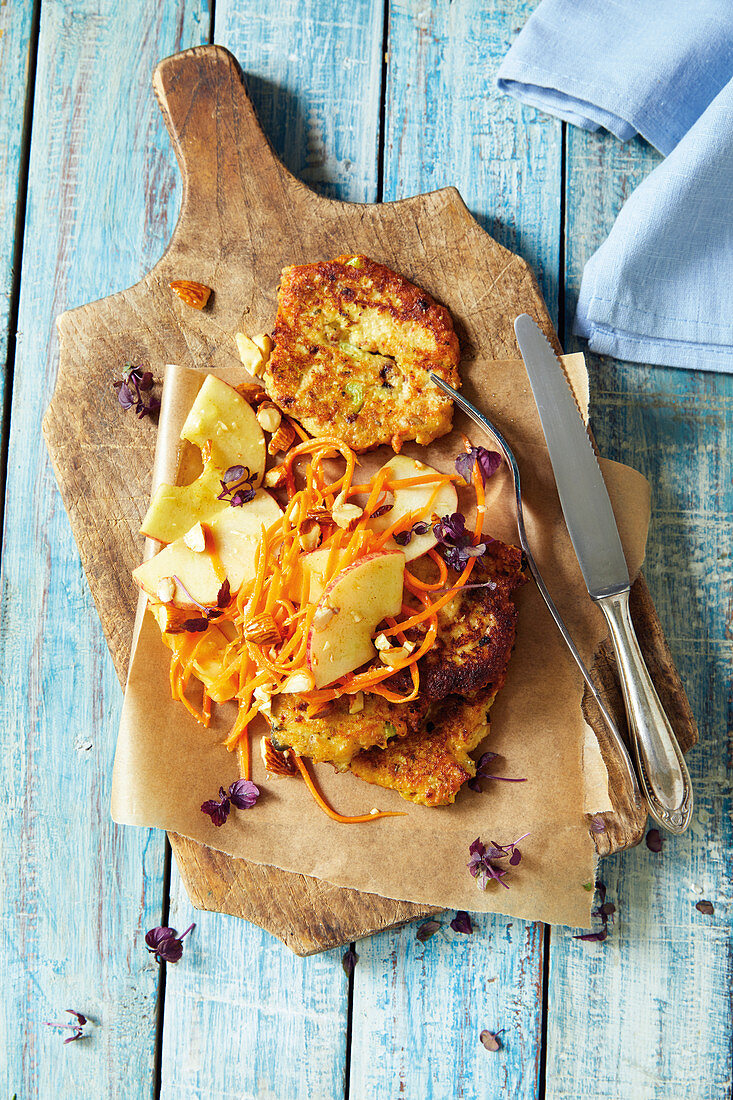 Quark fritters with apple and carrot salad