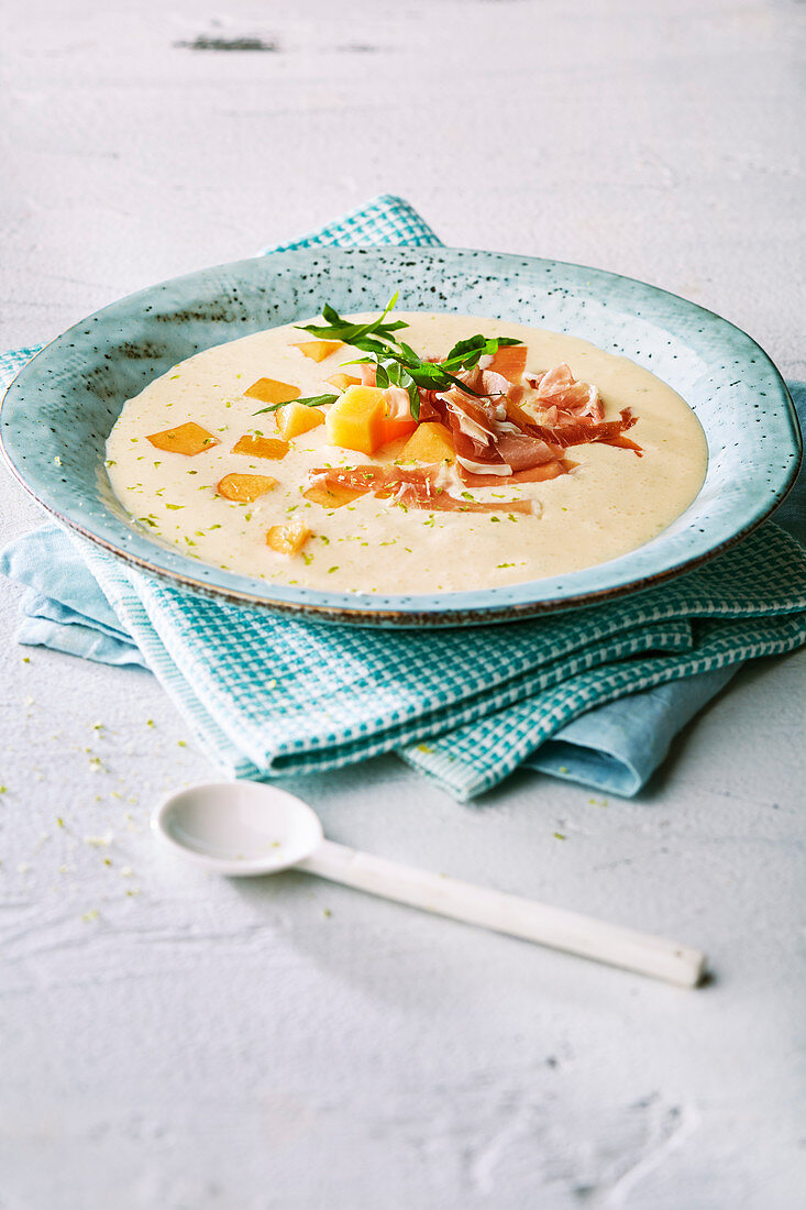 Hearty melon soup with yoghurt and parma ham