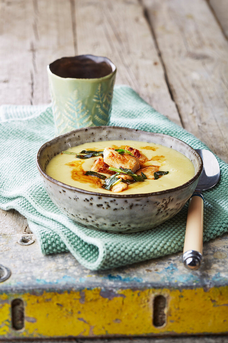 Cream of potato soup with chicken and sage