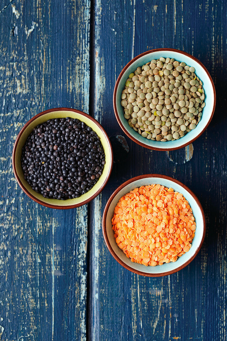 Green, red and black lentils