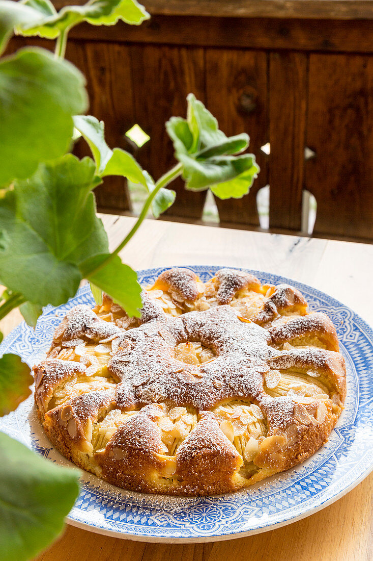 Apfelkuchen mit Mandelblättchen und Puderzucker