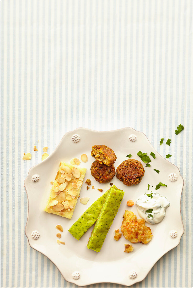 Buckwheat fritters, semonlina slices and matcha sticks for children
