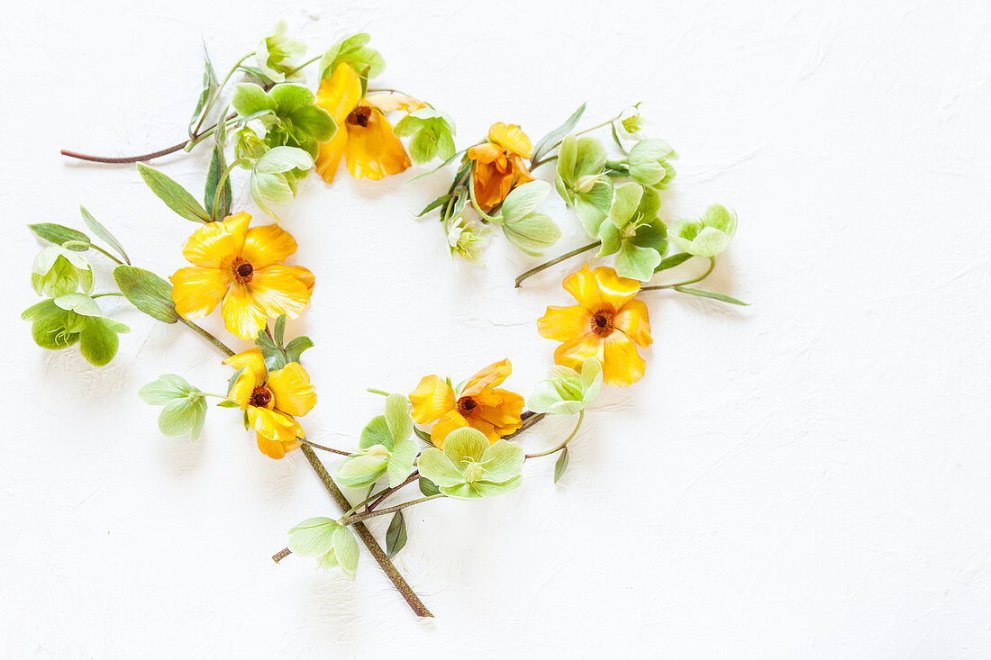 Japanese kerria and white hellebores arranged in a love-heart