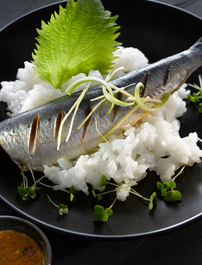 A steamed sardine on rice with a shiso leaf