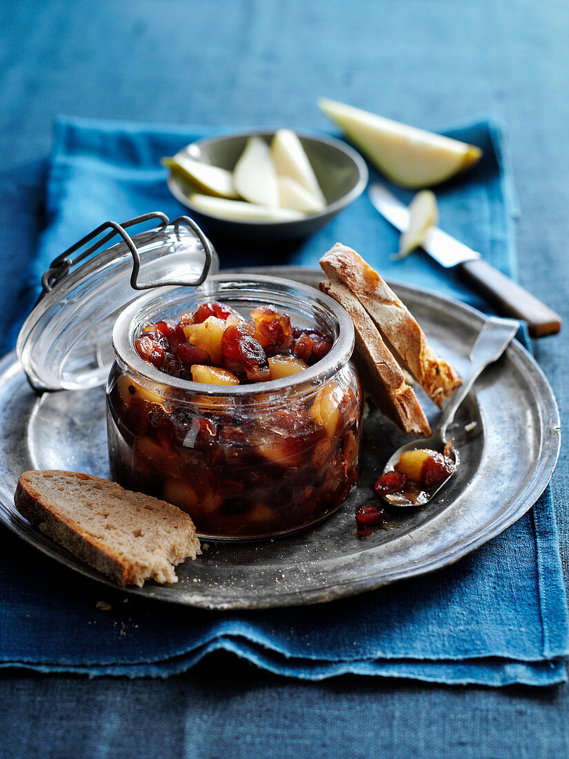 Apple and pear chutney in a glass jar