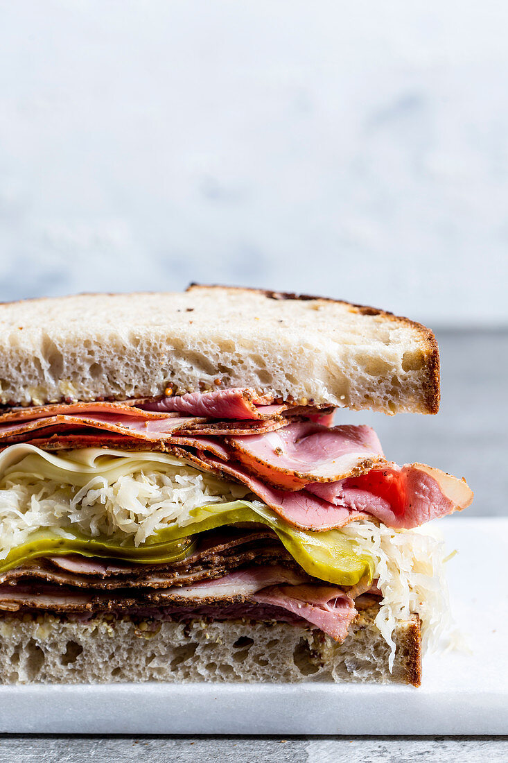 A Reuben sandwich with bourbon pickles