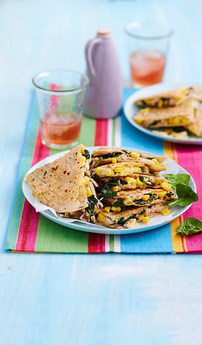 Gluten-free corn, chicken and spinach quesadillas