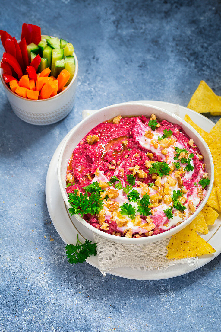 Beetroot Hummus served with Tortilla Chips and Salad Vegetables