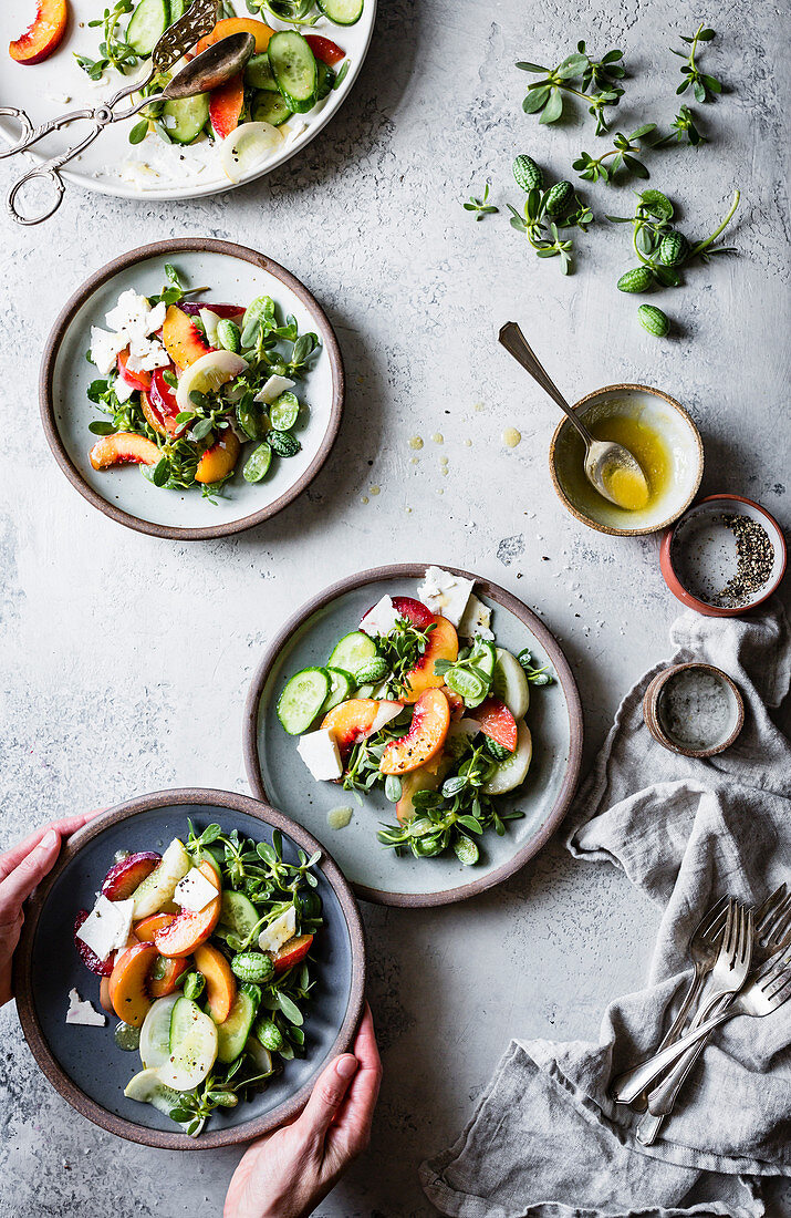 Cucamelons, peaches, cucumber, ricotta cheese and purslane salad