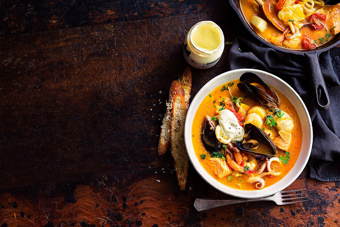 Seafood soup with aioli and parmesan toasts
