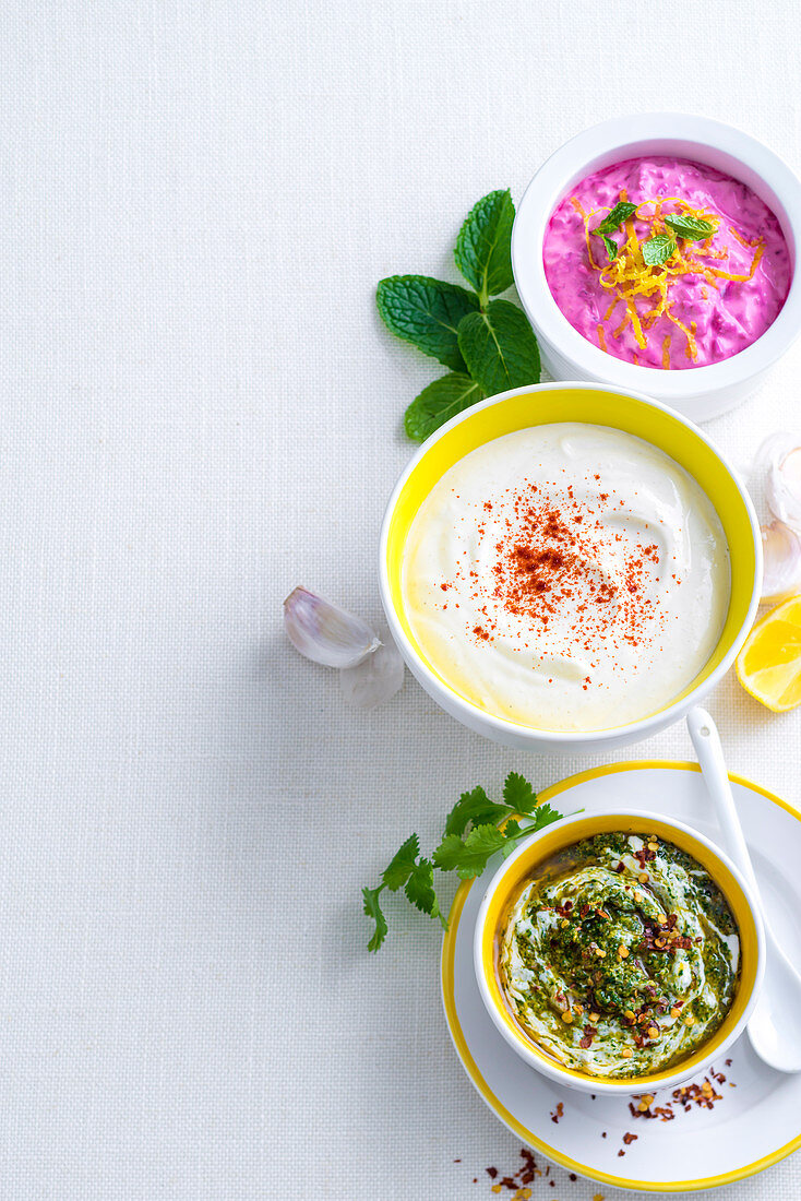 Yoghurt Sauces - Beetroot raita, Lemon tahini yoghurt, Chilli and coriander pesto yoghurt