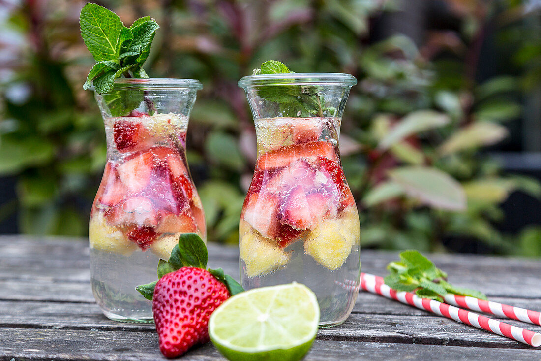 Jugs of detox water with strawberries, lime and mint on a garden table