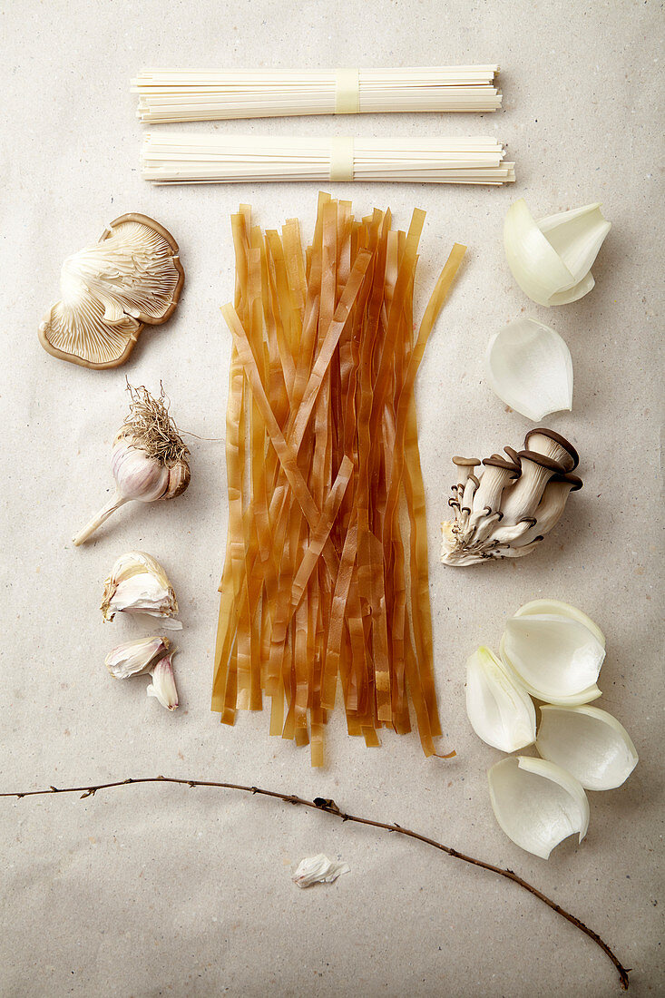 Asian cuisine ingredients on paper background: Red rice noodles, udon noodles, onion, garlic and oyster mushrooms