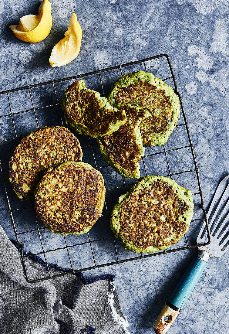 Healthy eating, glutin free green pea pancakes on cooling rack