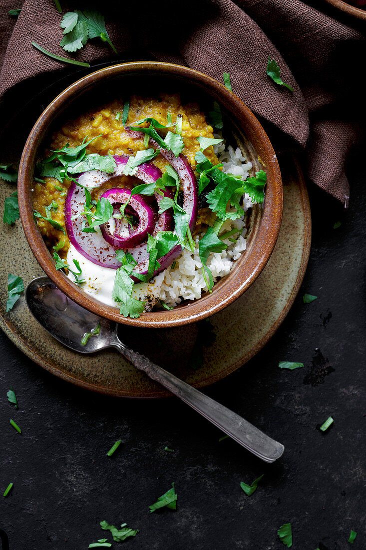 Reis mit Dal, roten Zwiebeln und Joghurtsauce (Indien)