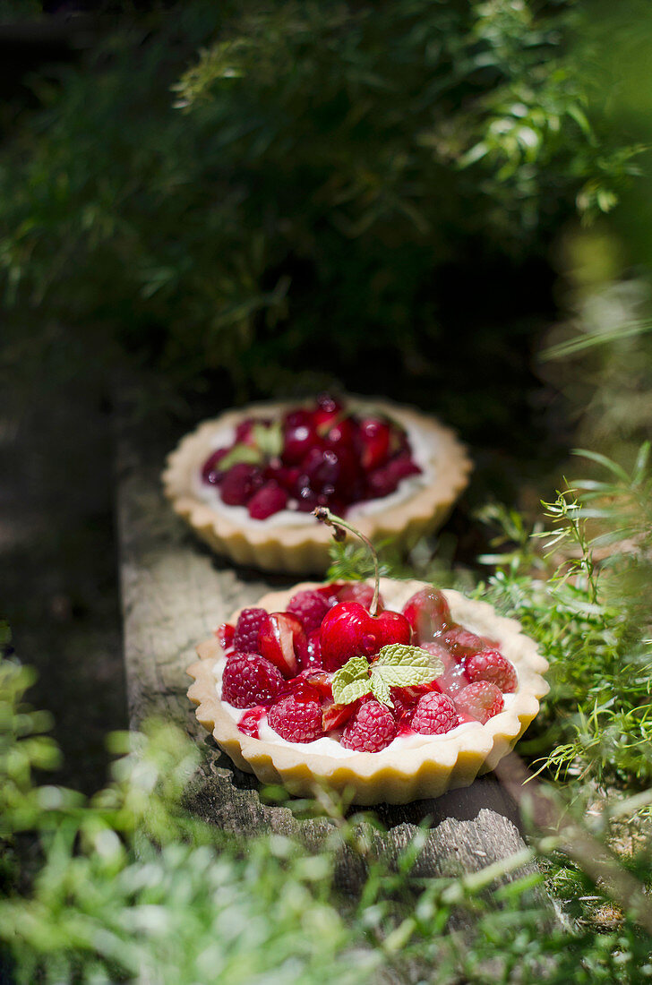 Sommerliche Kirsch-Himbeertorteletts auf Holzbank im Grünen