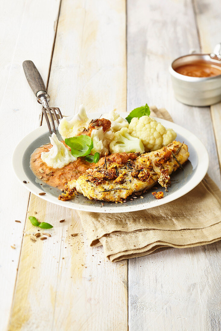 Hähnchenschnitzel mit Blumenkohl und Tomatensauce