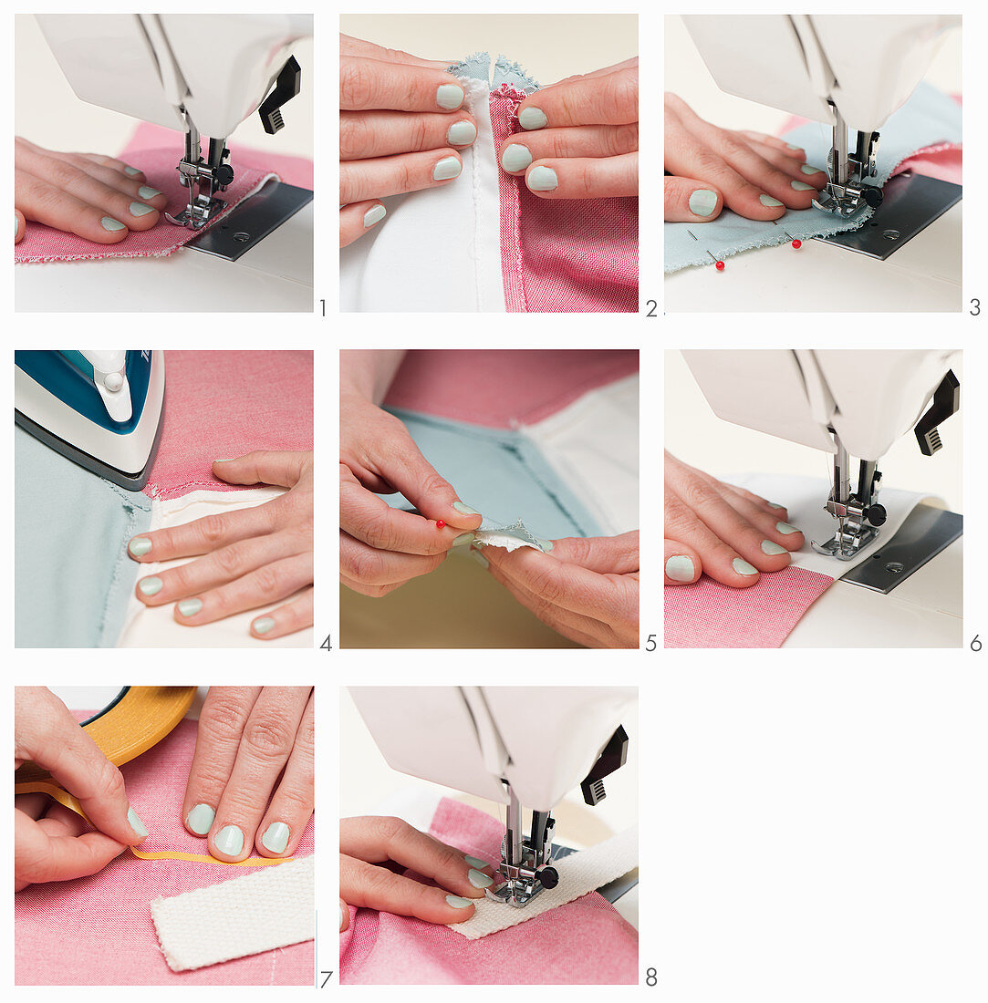 A patchwork bag being sewn by hand