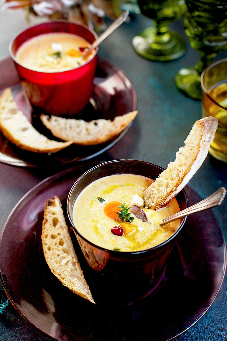 Wine Roasted Vegetable Bisque served with bread and wine