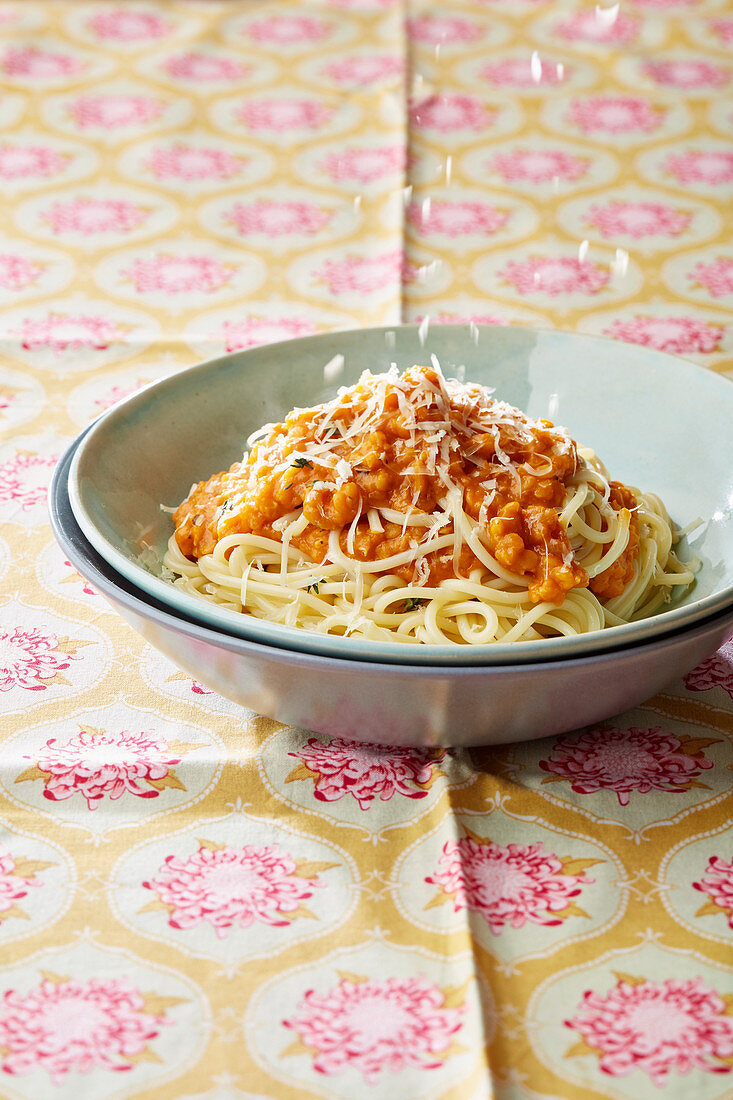 Spaghetti with a lentil bolognese